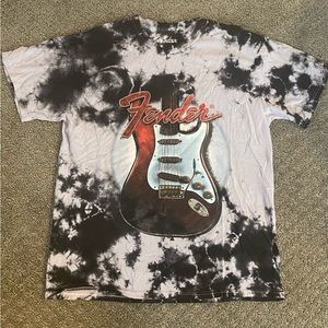 Fender black and white tie-dye t-short w/ red guitar graphic